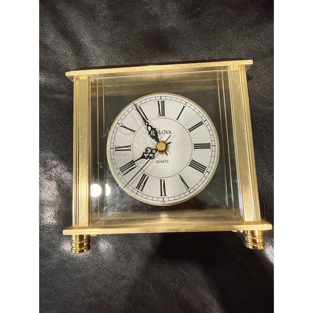 Bulova Quartz Mantel Clock Gold Tone Crystal‎ Case Roman Numerals Desk Clock